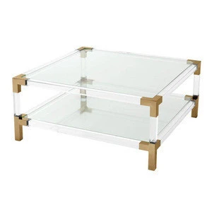 VONVIK Two Tier Clear Acrylic Square Coffee Table With Brass Frame