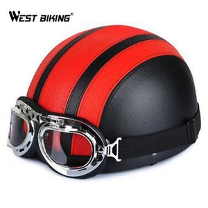WEST BIKING Open Face Half Leather Helmet with Visor UV Goggles Retro Vintage Style Safety Adult Motorcycle Bicycle Helmet