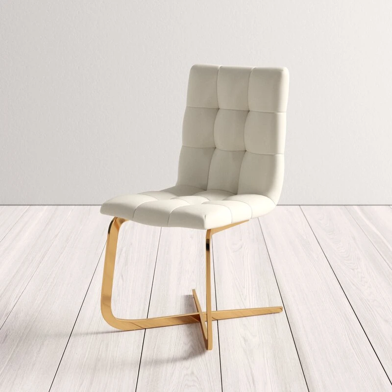 white upholstered stainless steel metal leg dining chair