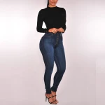 Wholesale high quality distressed latest lady women high waist skinny elastic jeans with non-embroidery
