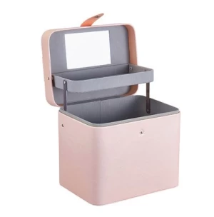 Wholesale new large capacity portable cosmetic case PU cosmetic desktop storage box with mirror