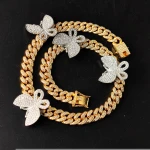 Wholesale Personalized Hotselling Hips Hops 12mm Bling Bling Rhinestone Crystal Rose Gold Butterfly Cuban Chain Choker Necklace