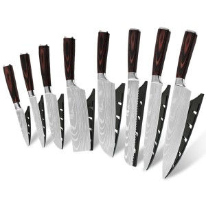 Wholesale Professional Cooking Knives Wood Handle 8pcs High Carbon Stainless Steel Japanese Kitchen Knife Set With Knife Sheath