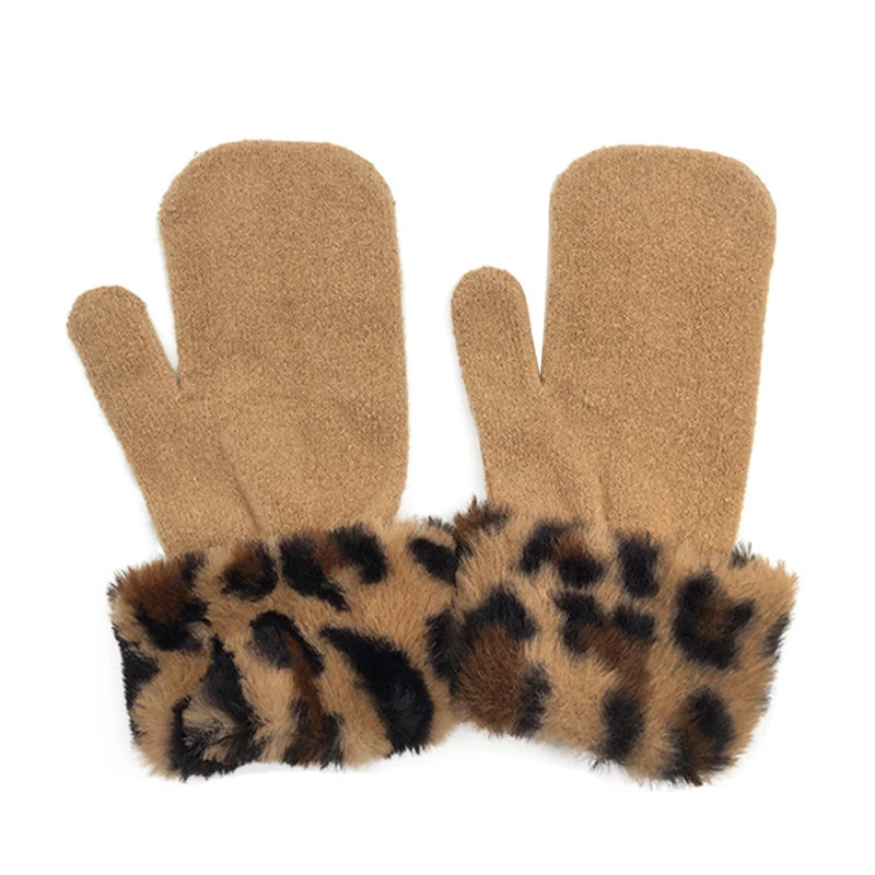 Wholesale Soft Feeling Acrylic Knit Mitten Magic Gloves with Leopard Faux Fur Cuff