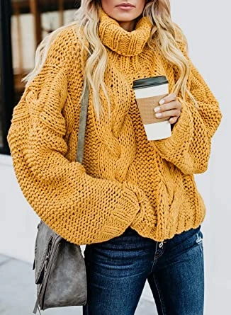 Women autumn winter solid color turtleneck sweater balloon long sleeve pullover oversized sweater