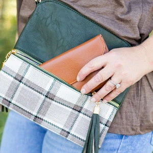 Women&#39;s Medium Crossbody Bag with Double Tassel Zipper Pocket - Plaid
