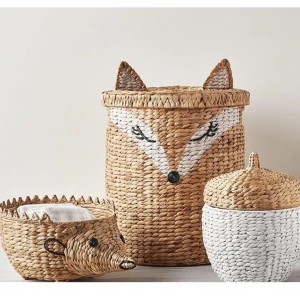 Natural Fox mouse and cat Water Hyacinth Round Bin Basket Eco-friendly Animal Basket Laundry Storage