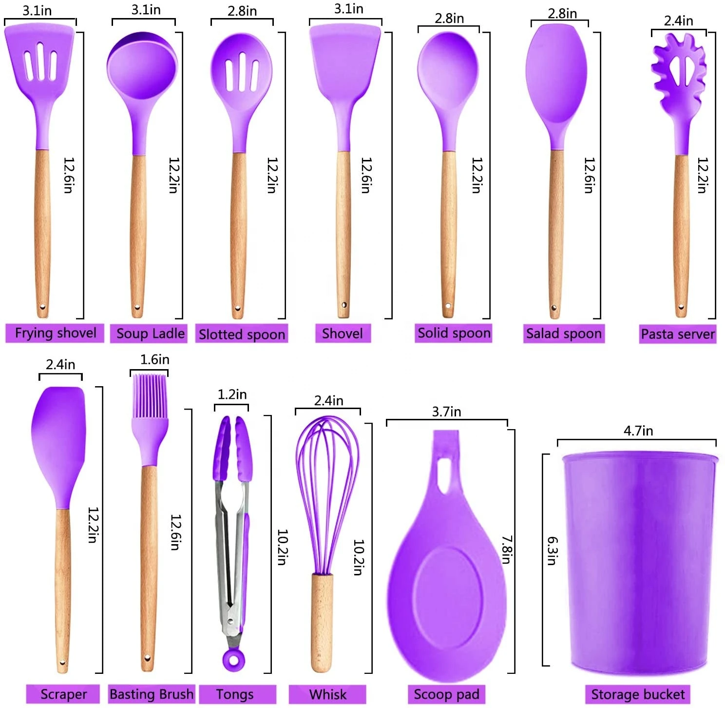 11 Pcs Nonstick Cookware Purple Wooden Silicone Spatula Kitchen Utensil Sets Cooking Tools