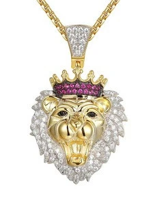 1.5 cttw Pink &amp; White Natural Diamond Crown Lion Hip Hop Pendant
