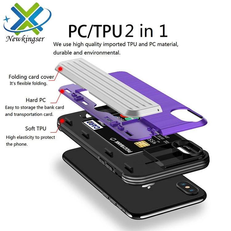 2 in 1 PC TPU Card Slot Case for iPhone X XR XS Max Armor Kickstand Phone Case for Note9