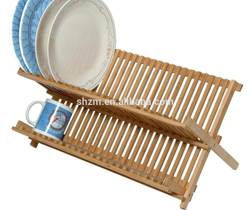 2 Tier Bamboo Dish Rack Collapsible Kitchen Cup Drainer with Utensil Holder