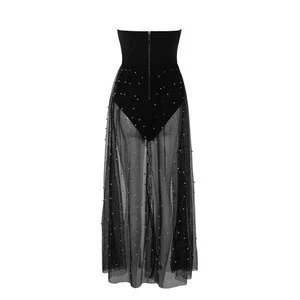 2018 Western Summer Design Strapless Beaded Bandage Dress Sexy Transparent Club Dress