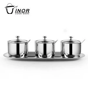 304 Stainless steel sugar bowl coffee tea canister sets seasoing box set with spoon and visible lid