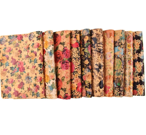 45*30CM flower on Portugal natural real cork fabric with black flower film cork pu leather sheet randomly by piece
