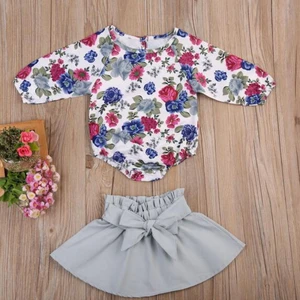 AL5020G Cute newborn girl clothes long sleeve floral romper tops +bow skirt 2PCS baby clothing set
