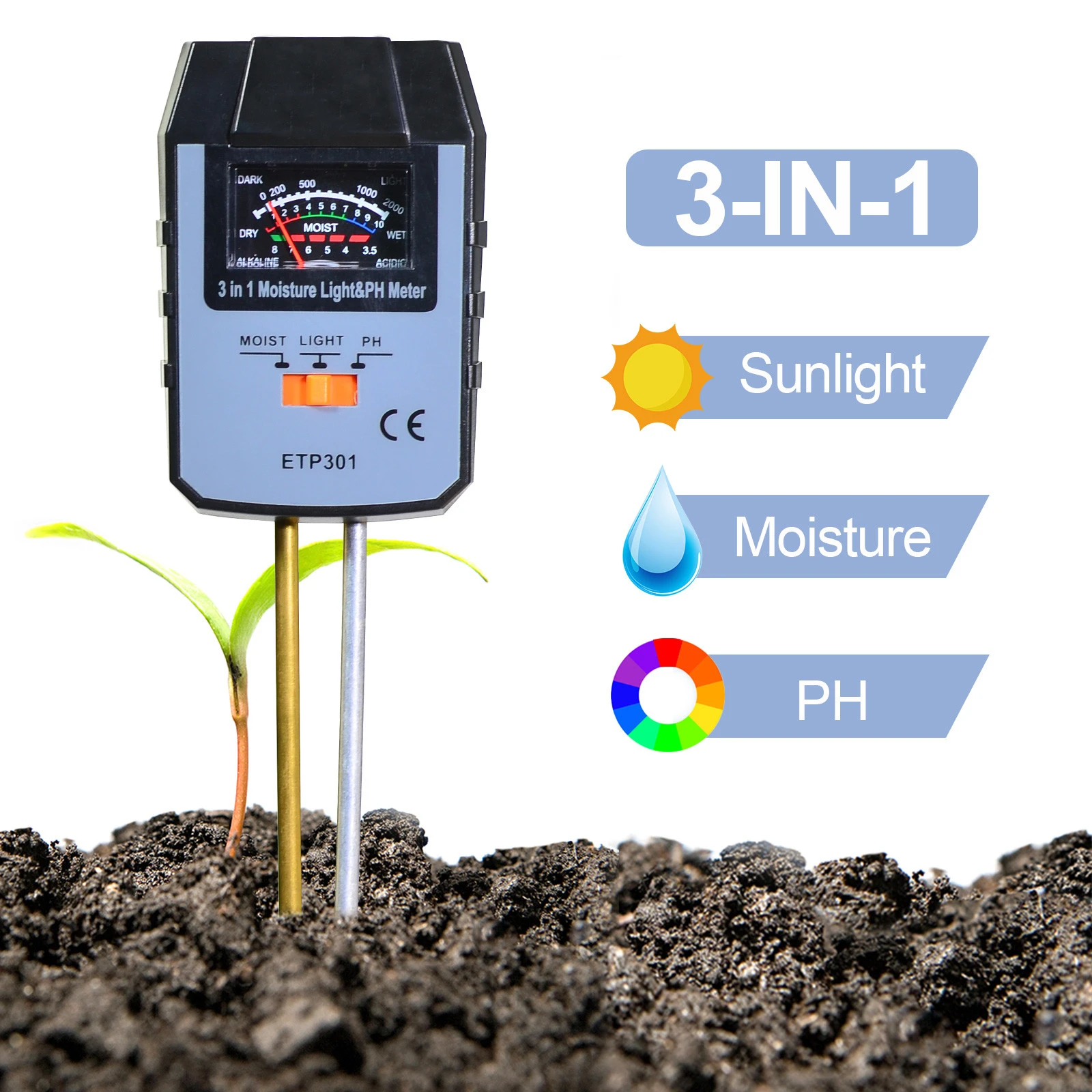 Allosun  3 in 1 Soil Test for PH &amp; Moisture Light Meter Plant Tester Photometer Garden Tools Outdoor Gardening Tools