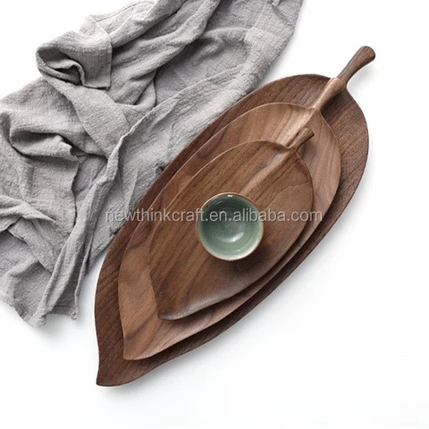Amazon hotselling natural leaf-shaped walnut wood dry fruit plate wooden dessert dish tableware black walnut leaves trays