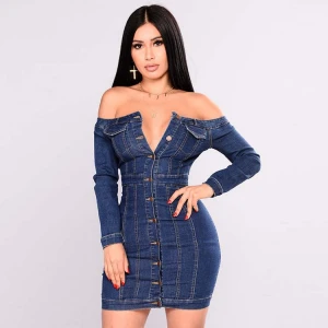 Amazon new arrival off shoulder bodycon sexy demin summer casual women jeans dresses ladies