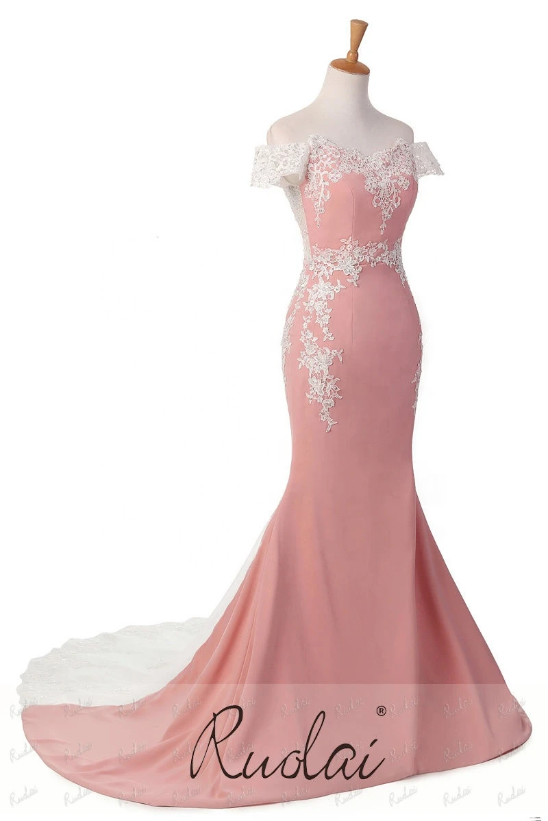 BD92 vestido dama de honor Off Shoulder Pink with Ivory Elastic Chiffon Long Bridesmaid Dresses
