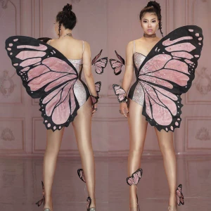 Bling Pink Butterfly Wings Rhinestones Bodysuit Dance Costume Women Party Show Performance Stage Wear Halloween Cosplay Costume