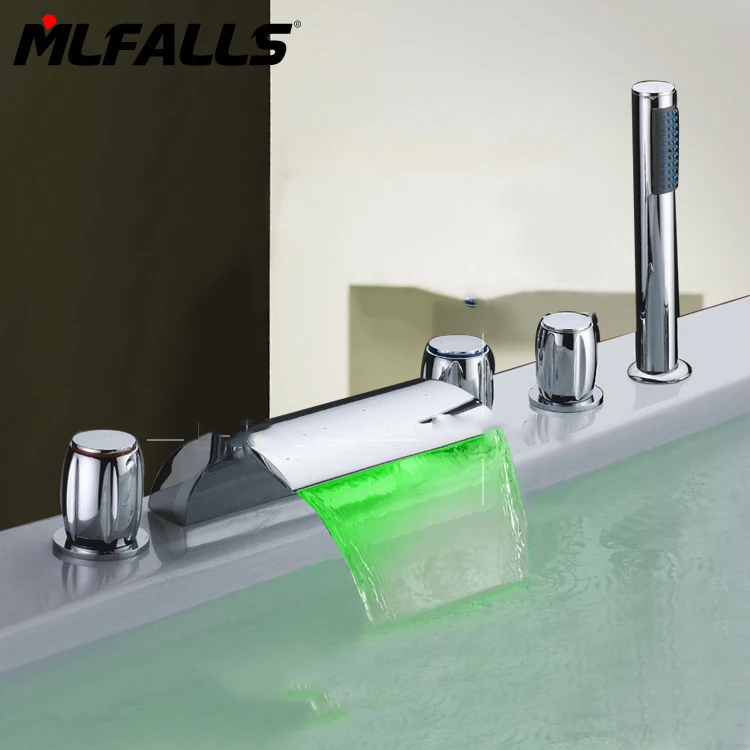 Buy direct from china deck mount bath and shower faucet,chrome brass faucet led waterfall,5 holes bath shower