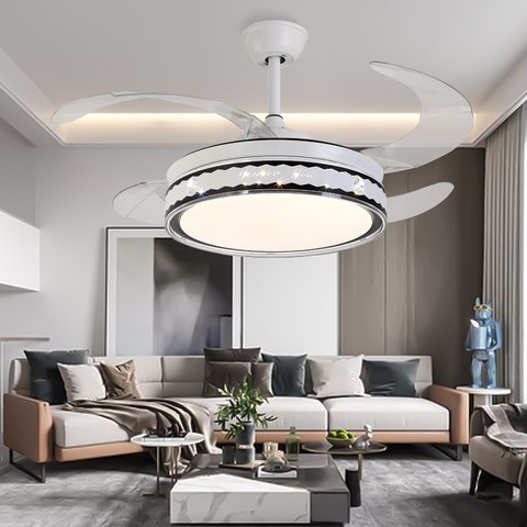 Competitive Price  Retractil Modern Retractable Folding Transparent Blade Remote High Lumen LED Ceiling Fan With Light