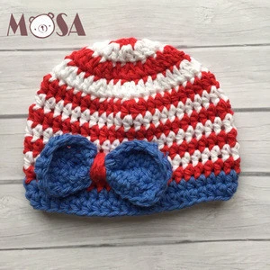 Crochet Newborn Girl Photo Props Outfit Red/White Stripped Beanie With Blue Bow and Ruffed Blue Red Pants