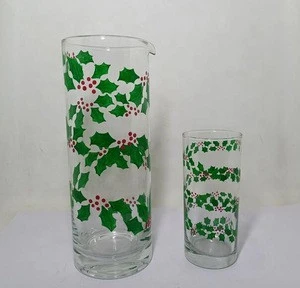 custom hand painted Christmas colored clear glass water pitcher without handle