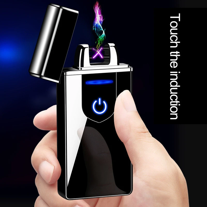Custom logo double ARC Pulse Cigarette Windproof USB Rechargeable plasma LIGHTER electric LIGHTER with LED Battery Indicator