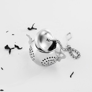 Custom Teapot Shape Stainless Steel Loose Leaf Tea Ball Infuser Strainer with Chain and Drip Tray