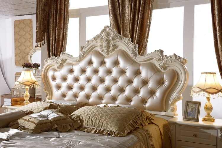 Customized Antique Luxury European pine wood leather bed room furniture bedroom set carved bed designs