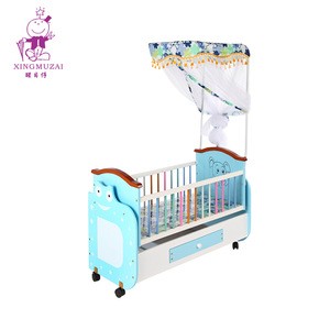 Cute Cartoon Pattern Smooth Baby Bed Wooden Frame Children Cot Movable Swing Kids Cribs With Mosquito Net