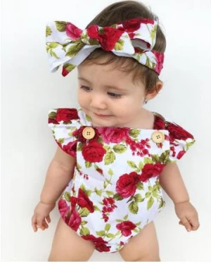 Cute Floral Romper 2pcs Baby Girls Clothes Jumpsuit Romper+Headband 0-24M Age Ifant Toddler Newborn Outfits Set Hot Sale