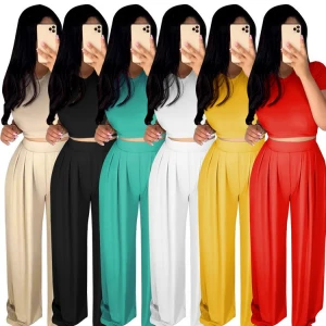 D94167 women set clothing fashion short sleeve solid color two piece pants set ladies printed pants suits 2021 new arrivals