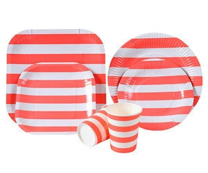 Disposable Dinnerware Set - Serves 16 - Beathday Party Supplies - green stripe paper Design- Includes Dinner Plates,cup,napkins
