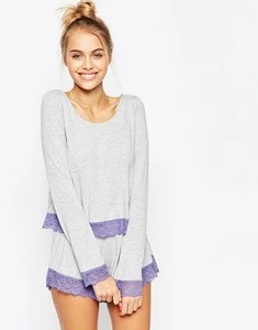 Ecoach Wholesale OEM Ladies Scoop Neckline Purple Contrast Lace Trim Long Sleeve Top And Stretch Waist Shorts Pajama Set
