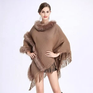 Elegant ladys  faux cashmere poncho cape faux fox fur trimming shawl