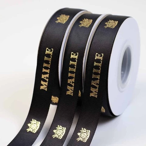 Factory custom flat gold foil printed gross grain grosgrain silk ribbon roll with logo