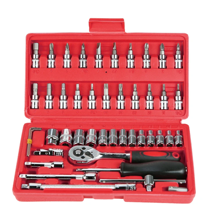 Factory direct selling heavy standard hand tools 46 piece auto repair kit socket wrench set plastic box