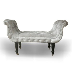 French Furniture Large Stool with Tufted Seat - Black Ottoman with Silver Velvet Upholstery Home Furniture Indonesia