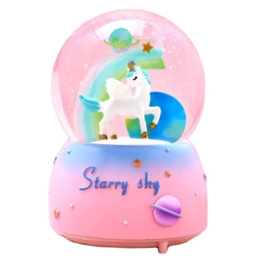 Girl&#x27;s heart Unicorn crystal ball music box ornament snow cartoon rainbow music box birthday gift