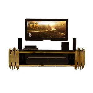 Gold base black tempered glass storage function cabinet TV stand