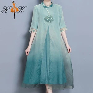 HTK Elegant Women Casual Loose Embroidered Traditional Chinese Dress