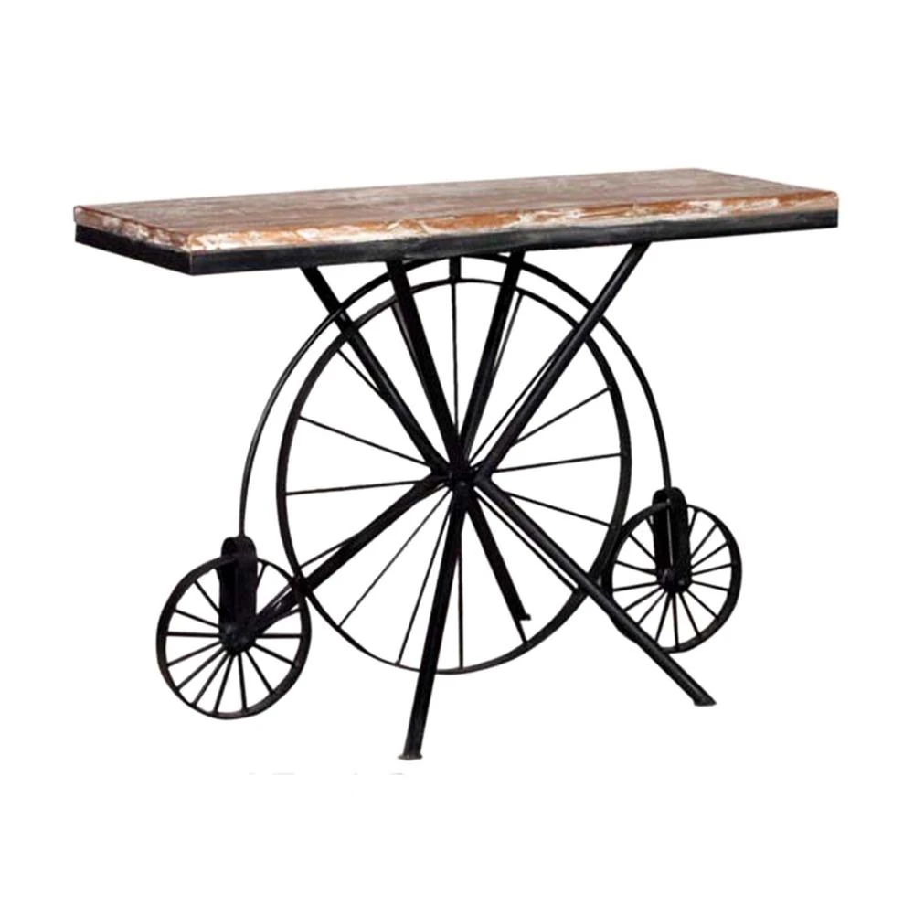 Industrial & vintage iron metal & solid mango wood cycle wheel design dining table cum console table