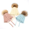 KAZUFUR Raccoon Fur Pom Poms Knitted Hats For Baby Kids Baby Girls Boys Beanie Hat With Fur Ball Top
