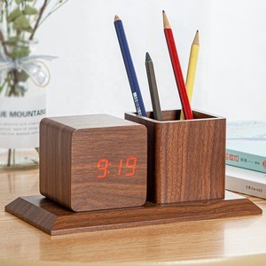 KH-WC009 Promotional Desktop Sound Control LED Digital Temperature Display Desk Table Alarm Wooden Clock with Pen Holder