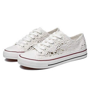 Knitted  Lace Up  Sneakers Rubber Sole  Summer Walking Flat  White  Canvas  Women Casual Shoes