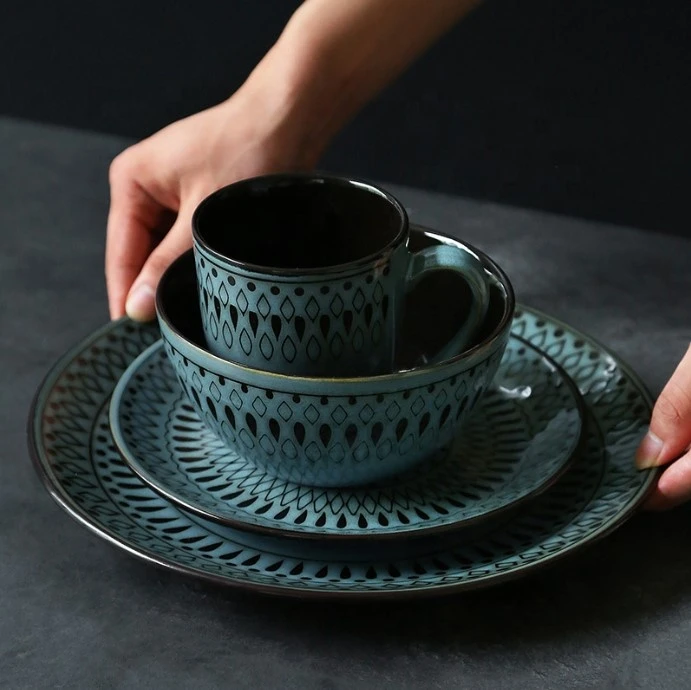 Lake Blue Kiln Retro Ceramic Hand-Painted Western Restaurant Tableware Set