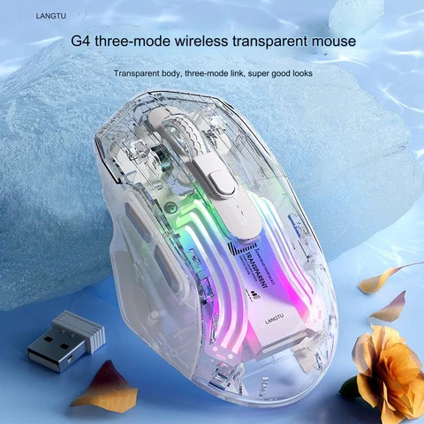 Langtu G4 Three-Mode Bluetooth Wireless Transparent Mouse RGB Light Effect Silent Office E-Sports Game Mouse Ergonomic Mouse