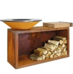Large corten steel bbq grill fire pit table with rectangular log storage